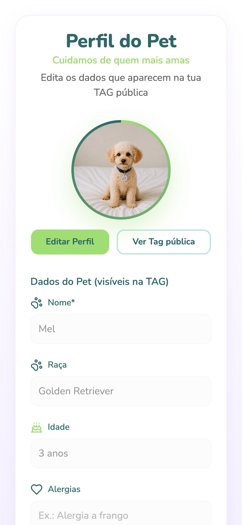 Perfil e foto do animal na área online Patudo+